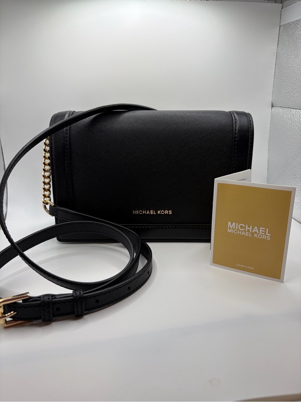 Michael Kors Black Saffiano Leather Crossbody with Gold Chain Accent